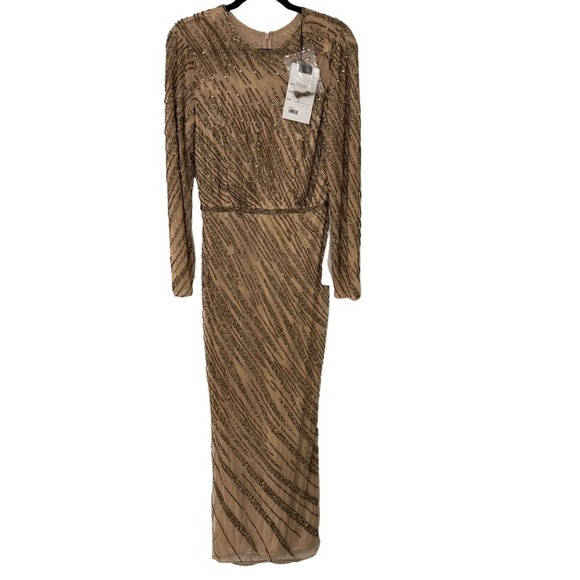 Mac Duggal Size 10 $598 NWT Long Sleeve Heavily Beaded Column Gown Mocha - Picture 4 of 12